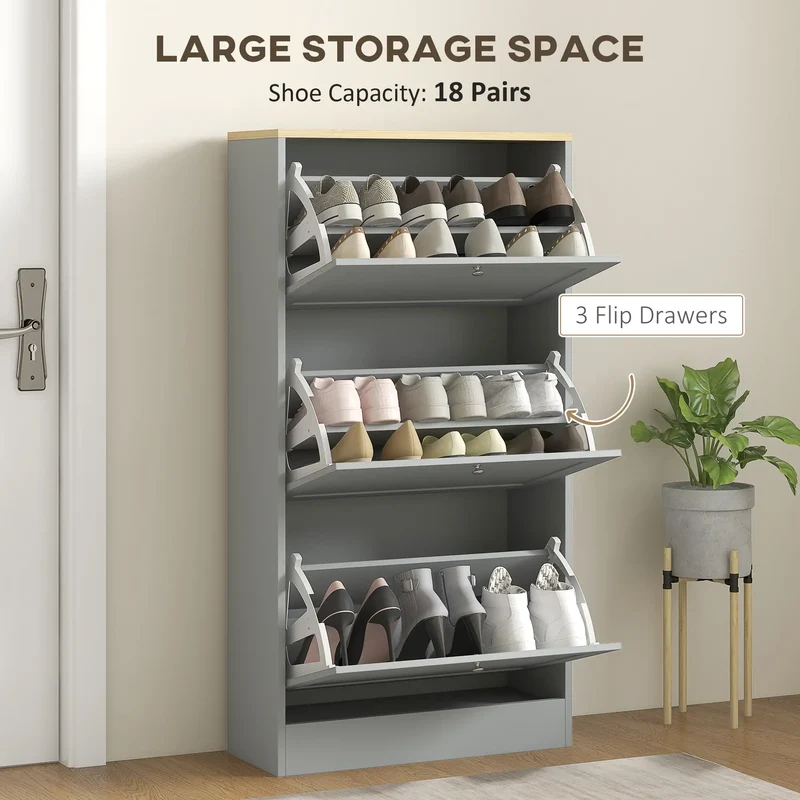 Modern Shoe Storage, 3 Flip Drawers, Adjustable Shelves, 18 Pairs, Grey