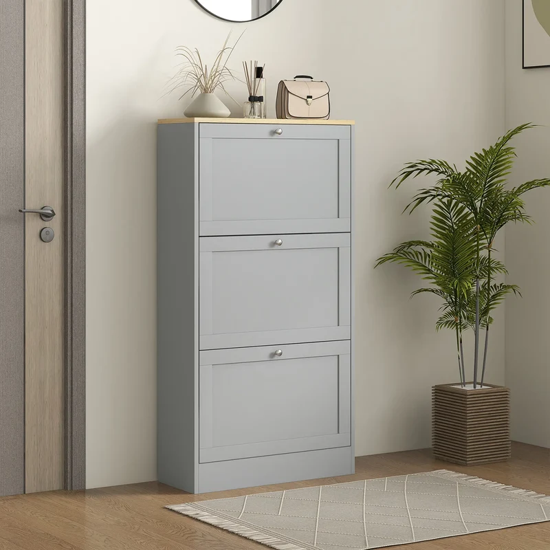 Modern Shoe Storage, 3 Flip Drawers, Adjustable Shelves, 18 Pairs, Grey