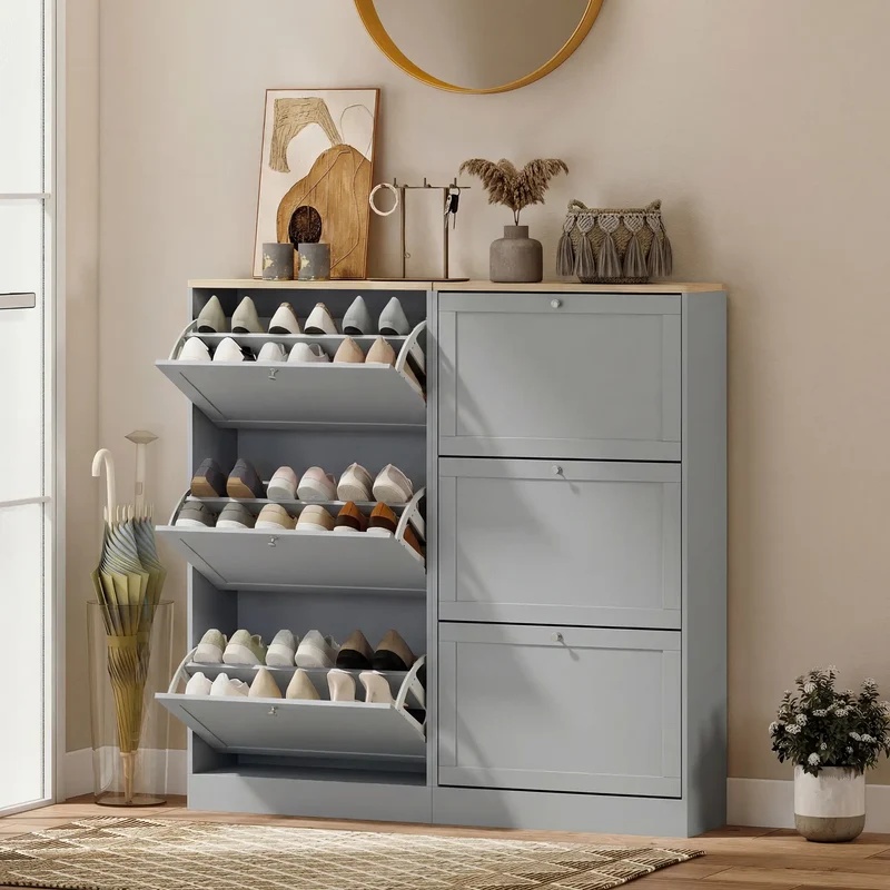 Modern Shoe Storage, 3 Flip Drawers, Adjustable Shelves, 18 Pairs, Grey