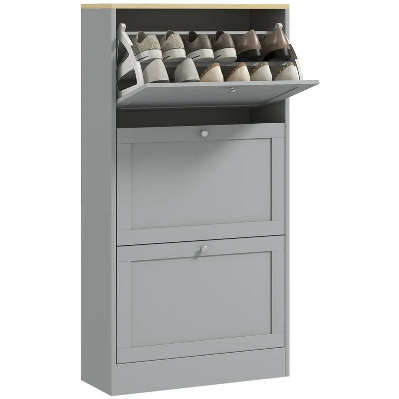 Modern Shoe Storage, 3 Flip Drawers, Adjustable Shelves, 18 Pairs, Grey