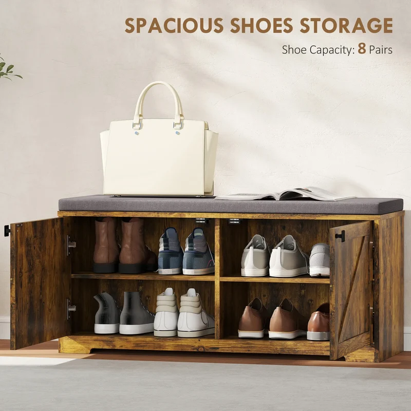 Shoe Storage Bench with Padded Seat, 8 Pairs, Rustic Brown, Brown