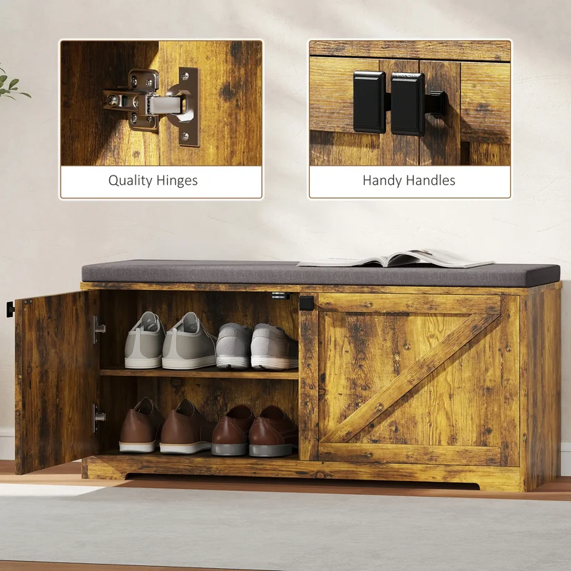 Shoe Storage Bench with Padded Seat, 8 Pairs, Rustic Brown, Brown