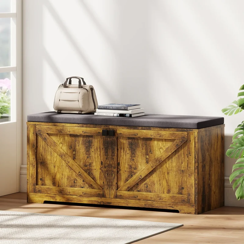 Shoe Storage Bench with Padded Seat, 8 Pairs, Rustic Brown, Brown