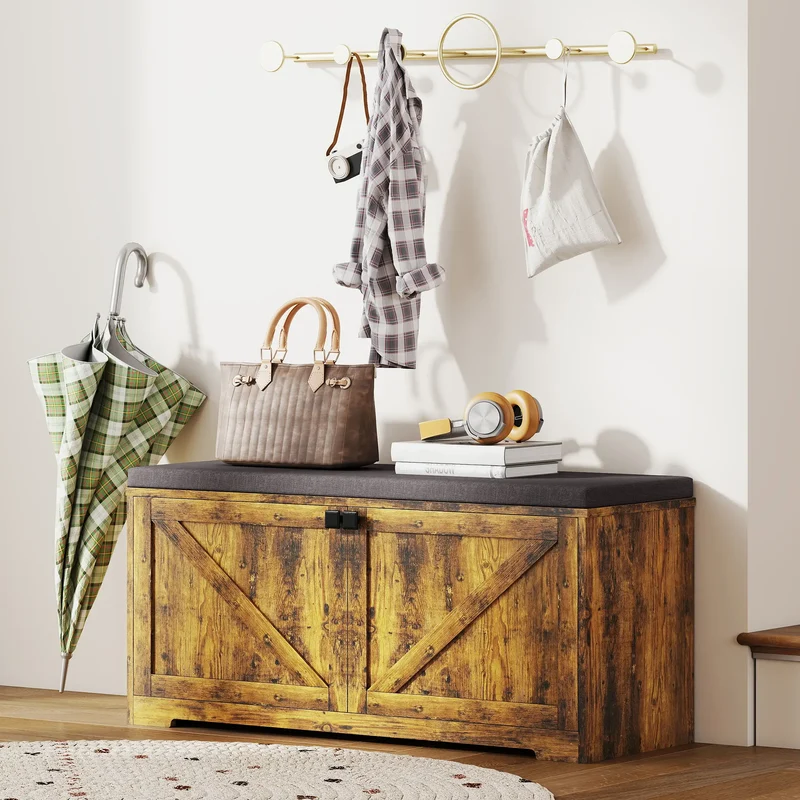 Shoe Storage Bench with Padded Seat, 8 Pairs, Rustic Brown, Brown