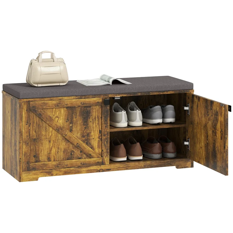 Shoe Storage Bench with Padded Seat, 8 Pairs, Rustic Brown, Brown