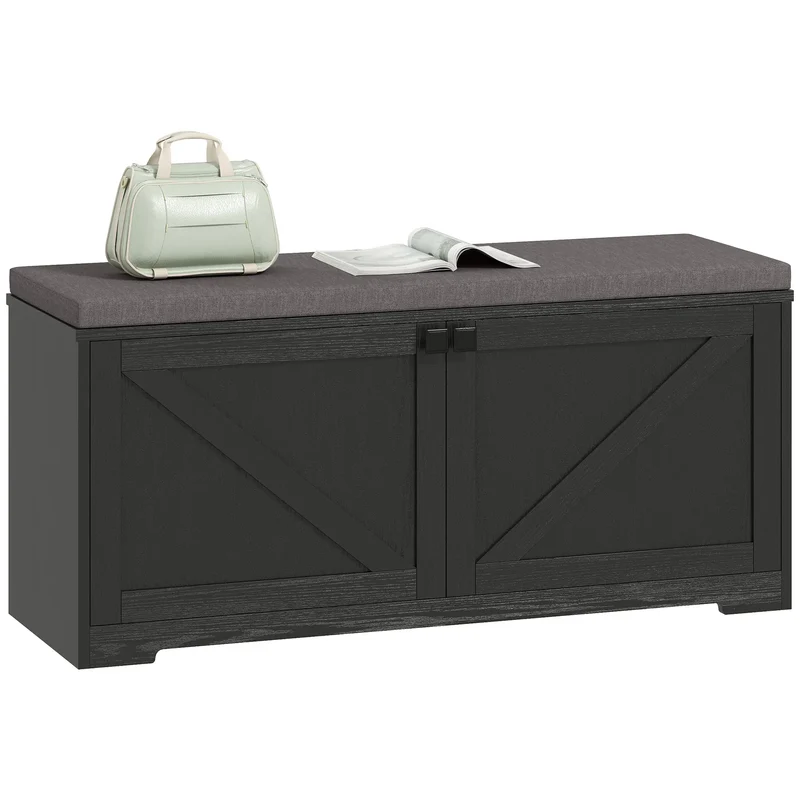 Shoe Storage Bench with Padded Seat, Entryway Bench, 8 Pairs, Black Wood Grain, Black