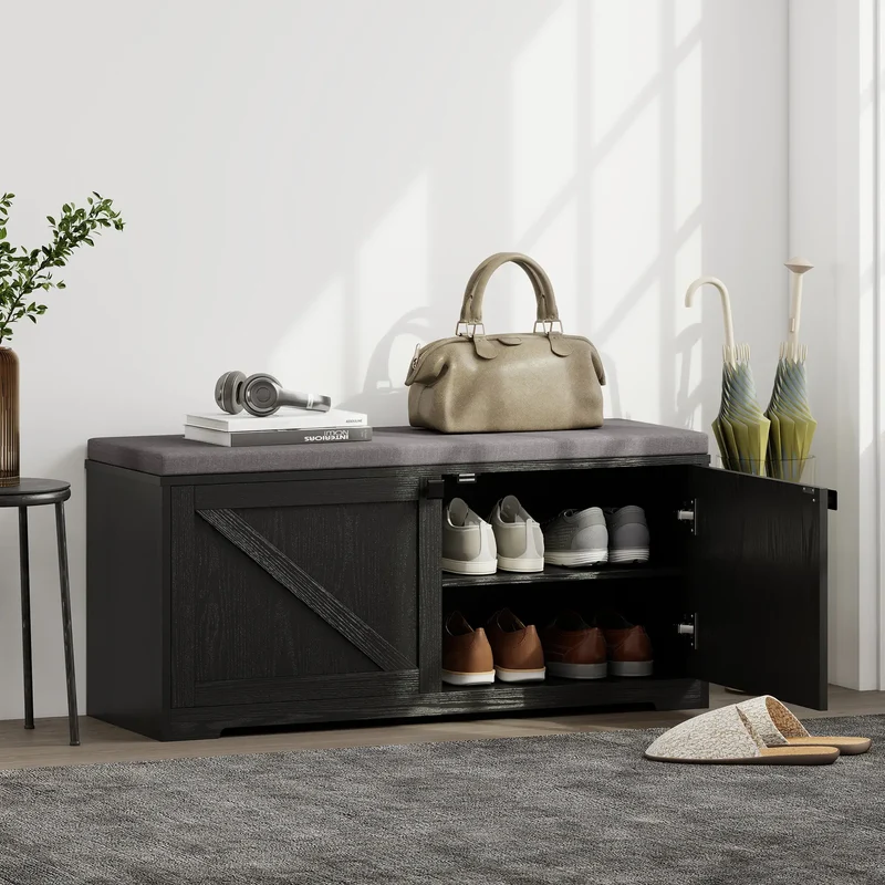 Shoe Storage Bench with Padded Seat, Entryway Bench, 8 Pairs, Black Wood Grain, Black