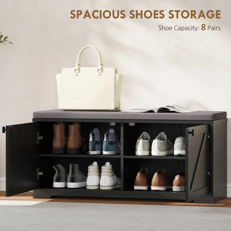 Shoe Storage Bench with Padded Seat, Entryway Bench, 8 Pairs, Black Wood Grain, Black