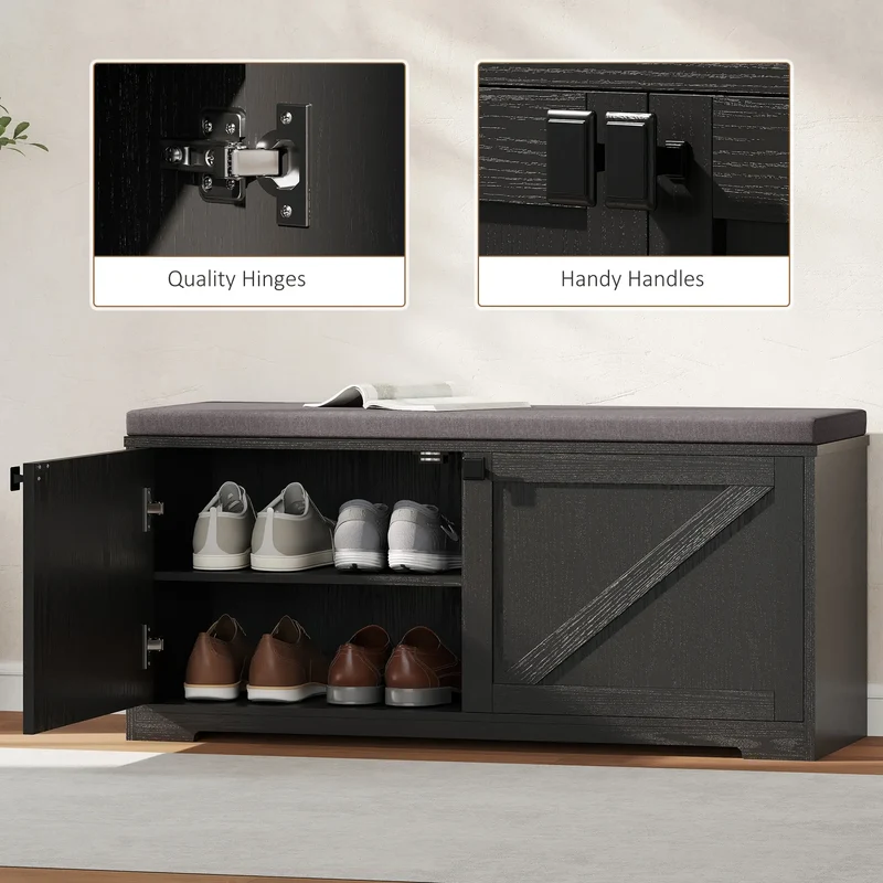 Shoe Storage Bench with Padded Seat, Entryway Bench, 8 Pairs, Black Wood Grain, Black