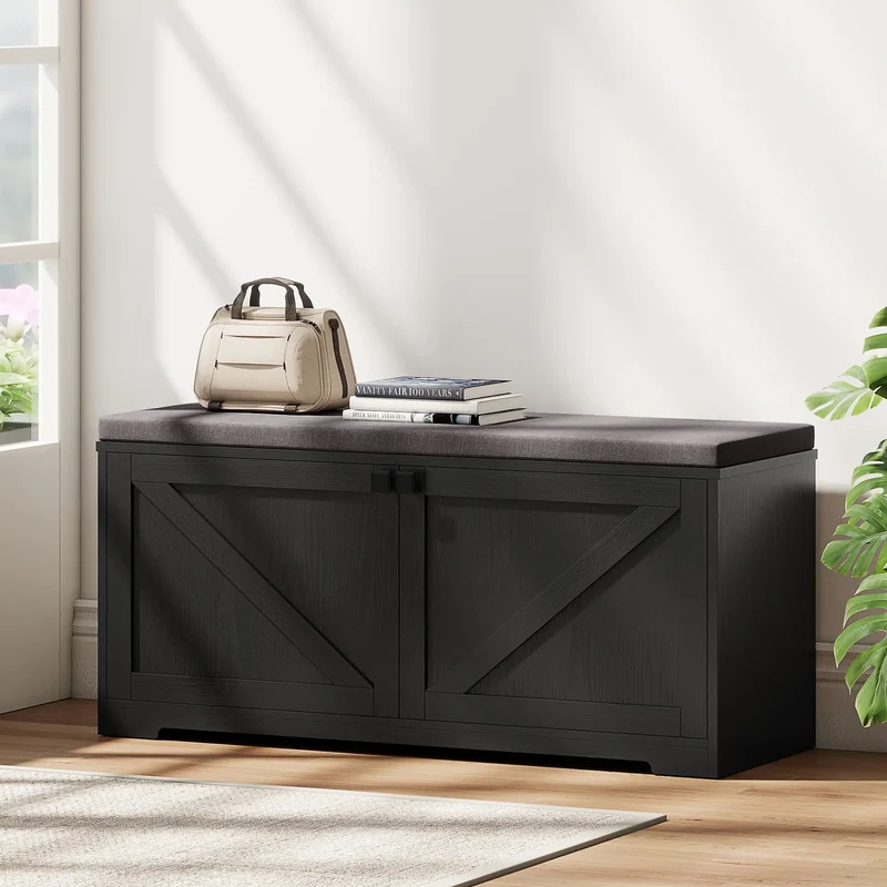 Shoe Storage Bench with Padded Seat, Entryway Bench, 8 Pairs, Black Wood Grain, Black