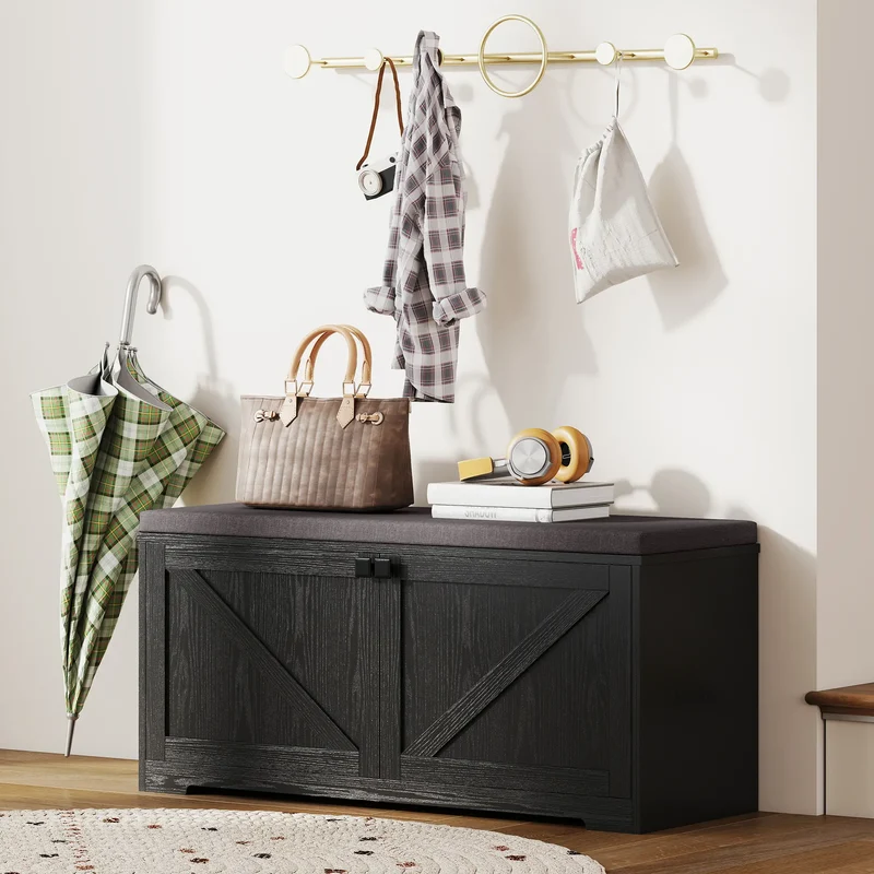Shoe Storage Bench with Padded Seat, Entryway Bench, 8 Pairs, Black Wood Grain, Black