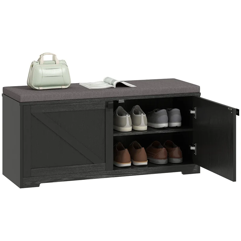 Shoe Storage Bench with Padded Seat, Entryway Bench, 8 Pairs, Black Wood Grain, Black