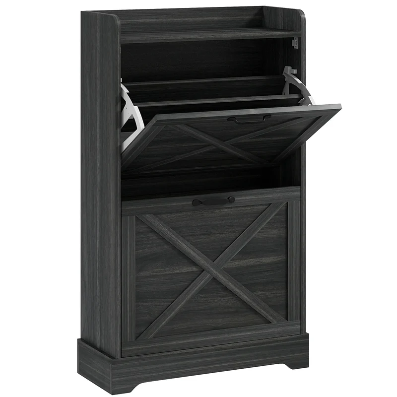 Slim Shoe Storage Cabinet, 2 Flip Drawers, Adjustable Shelves, Distressed, Grey