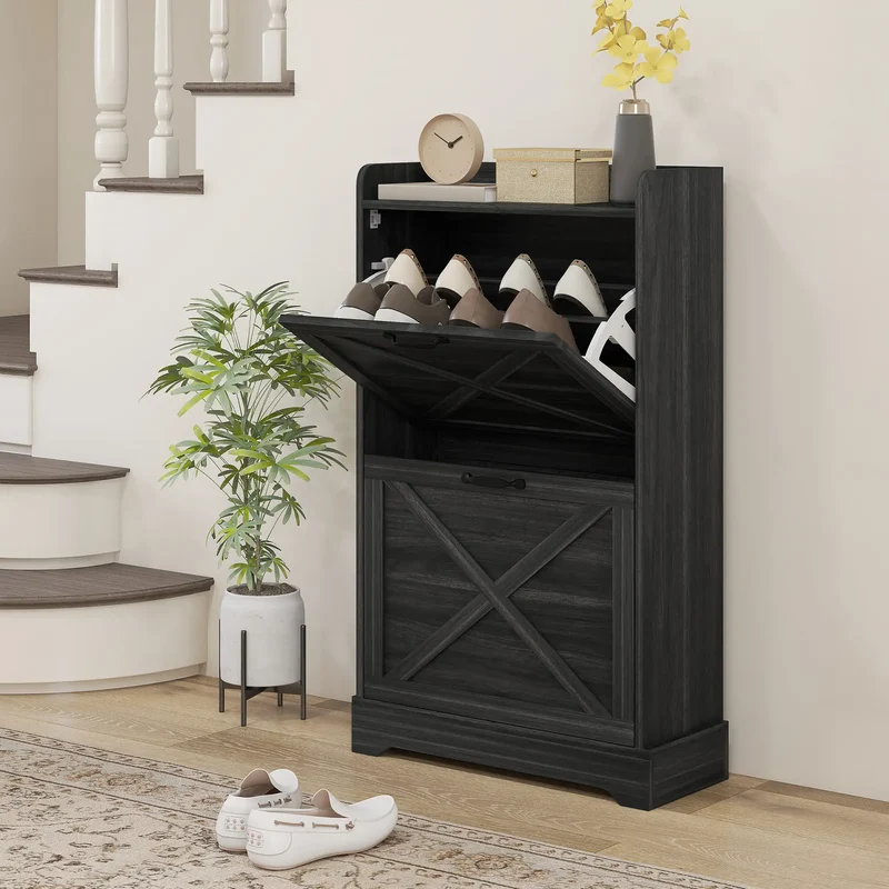 Slim Shoe Storage Cabinet, 2 Flip Drawers, Adjustable Shelves, Distressed, Grey