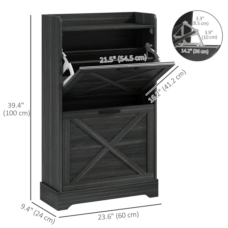 Slim Shoe Storage Cabinet, 2 Flip Drawers, Adjustable Shelves, Distressed, Grey