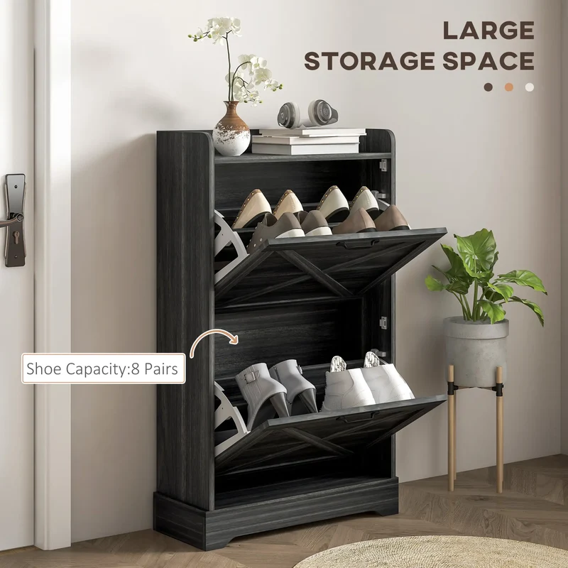 Slim Shoe Storage Cabinet, 2 Flip Drawers, Adjustable Shelves, Distressed, Grey
