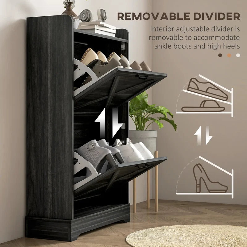 Slim Shoe Storage Cabinet, 2 Flip Drawers, Adjustable Shelves, Distressed, Grey