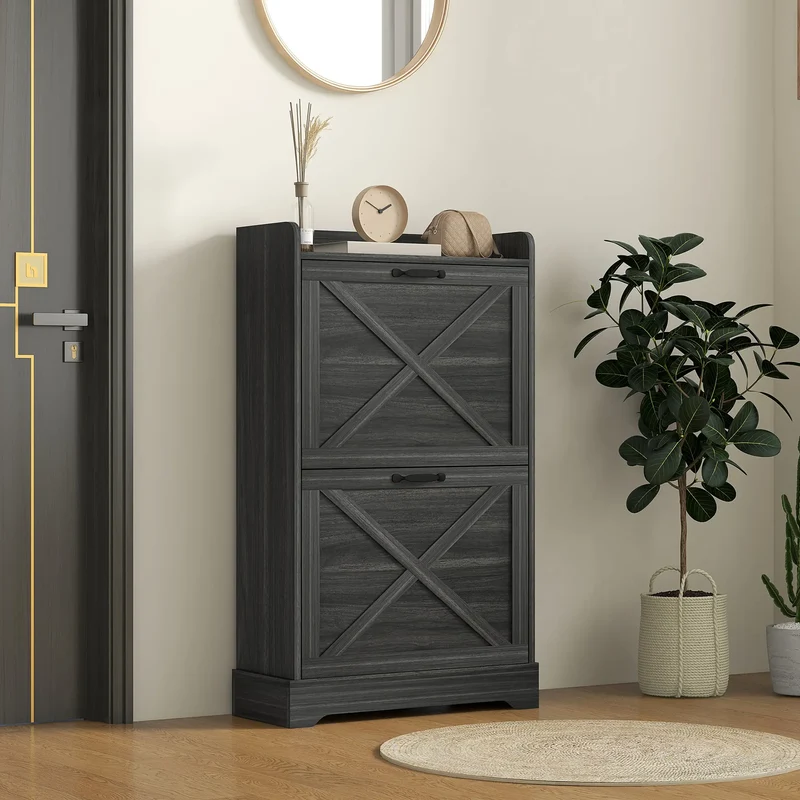 Slim Shoe Storage Cabinet, 2 Flip Drawers, Adjustable Shelves, Distressed, Grey