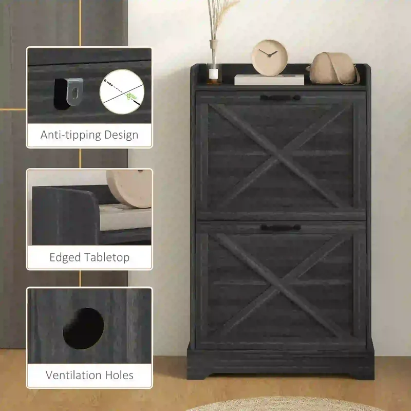 Slim Shoe Storage Cabinet, 2 Flip Drawers, Adjustable Shelves, Distressed, Grey