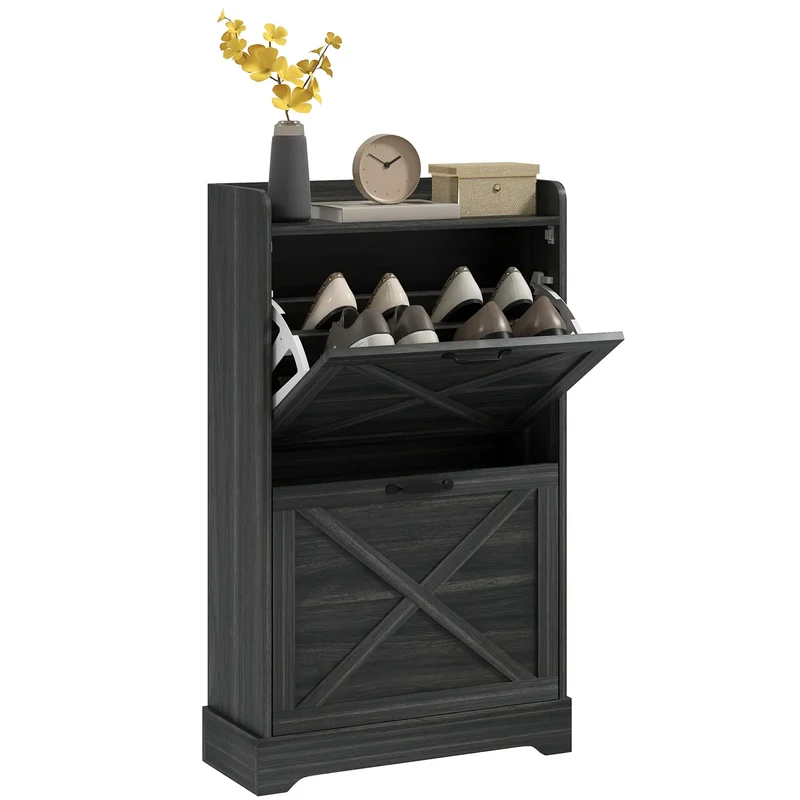 Slim Shoe Storage Cabinet, 2 Flip Drawers, Adjustable Shelves, Distressed, Grey