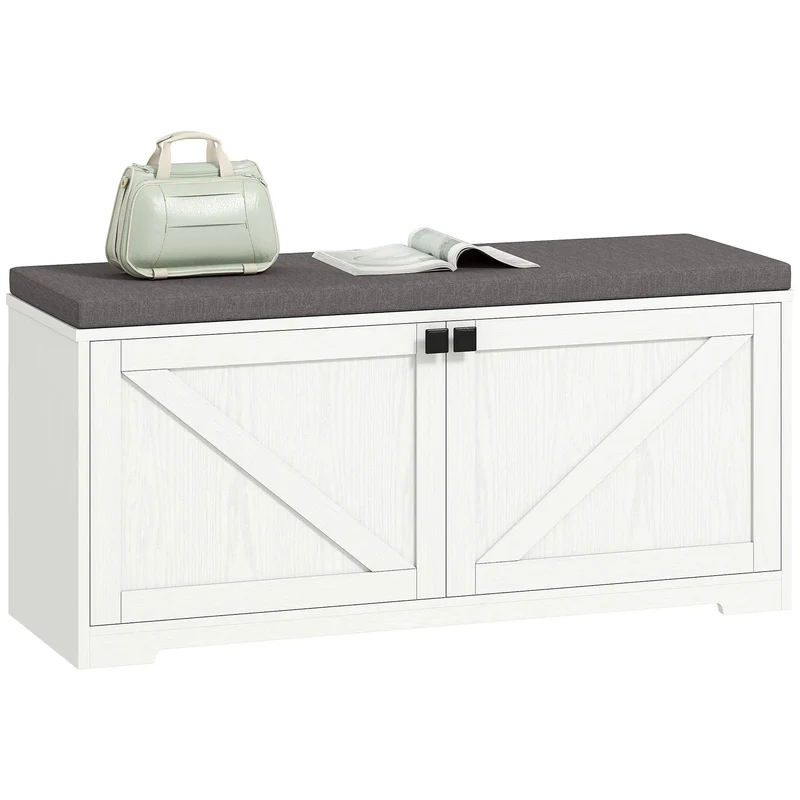 Shoe Storage Bench with Padded Seat, 8 Pairs, White Wood Grain, White