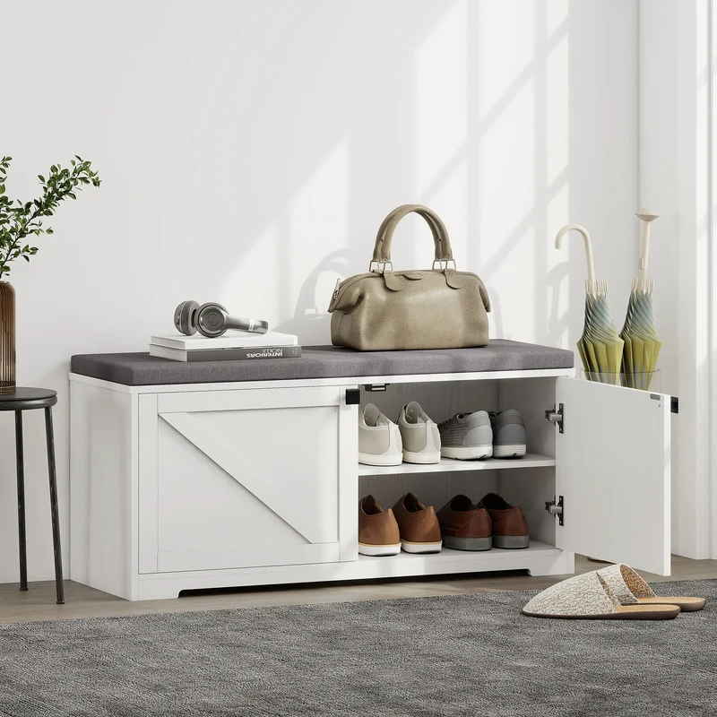 Shoe Storage Bench with Padded Seat, 8 Pairs, White Wood Grain, White