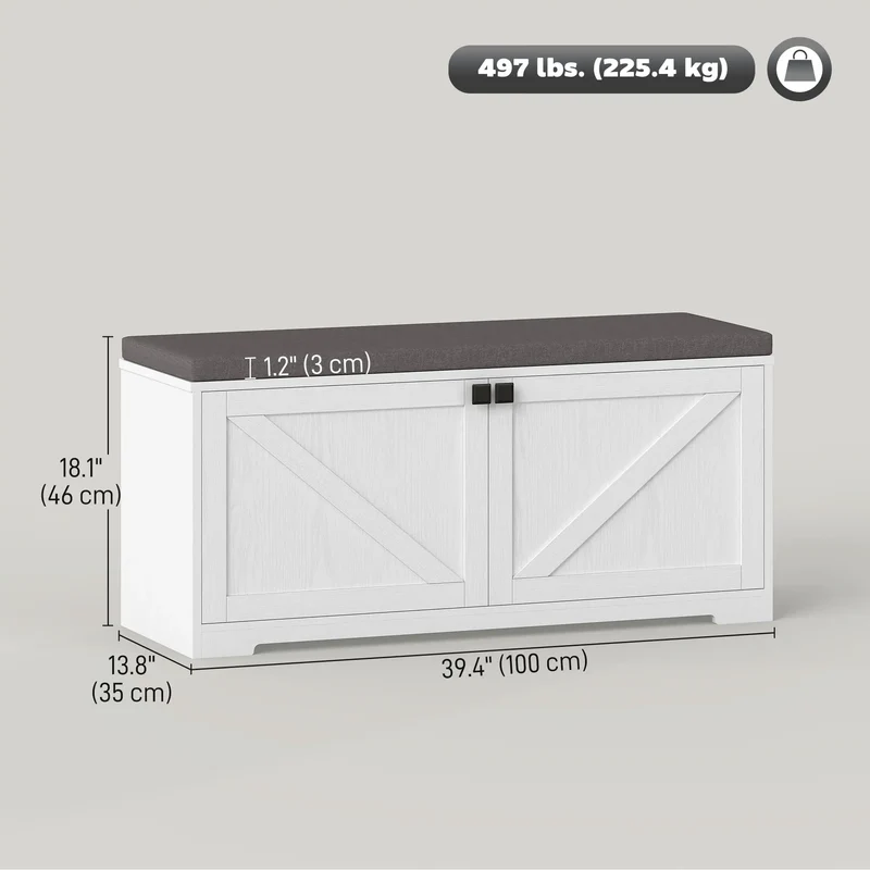 Shoe Storage Bench with Padded Seat, 8 Pairs, White Wood Grain, White