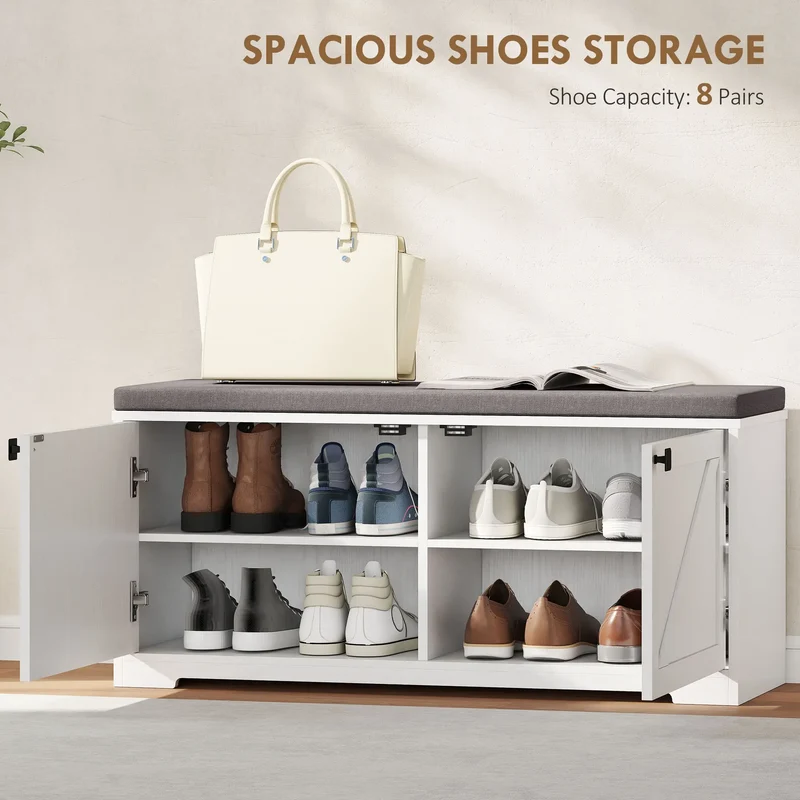Shoe Storage Bench with Padded Seat, 8 Pairs, White Wood Grain, White