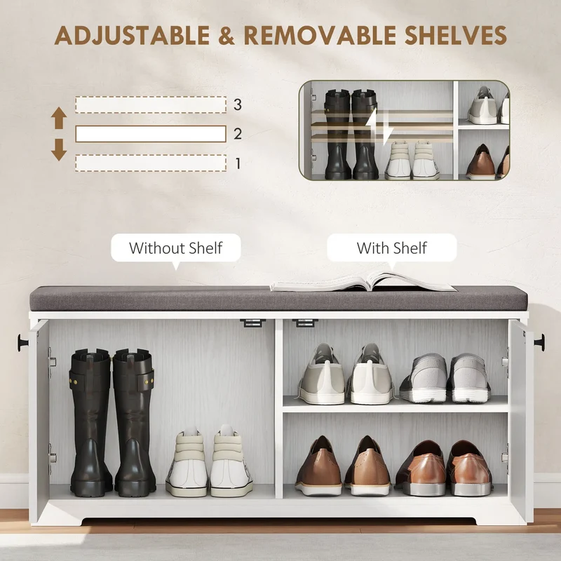 Shoe Storage Bench with Padded Seat, 8 Pairs, White Wood Grain, White