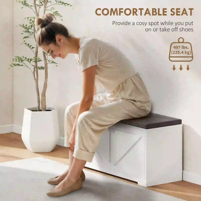 Shoe Storage Bench with Padded Seat, 8 Pairs, White Wood Grain, White
