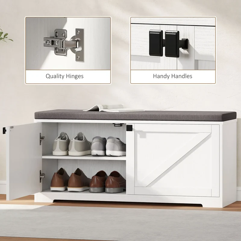 Shoe Storage Bench with Padded Seat, 8 Pairs, White Wood Grain, White