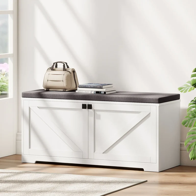 Shoe Storage Bench with Padded Seat, 8 Pairs, White Wood Grain, White
