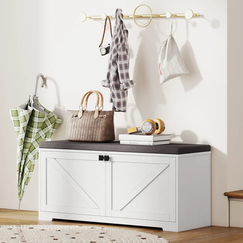 Shoe Storage Bench with Padded Seat, 8 Pairs, White Wood Grain, White