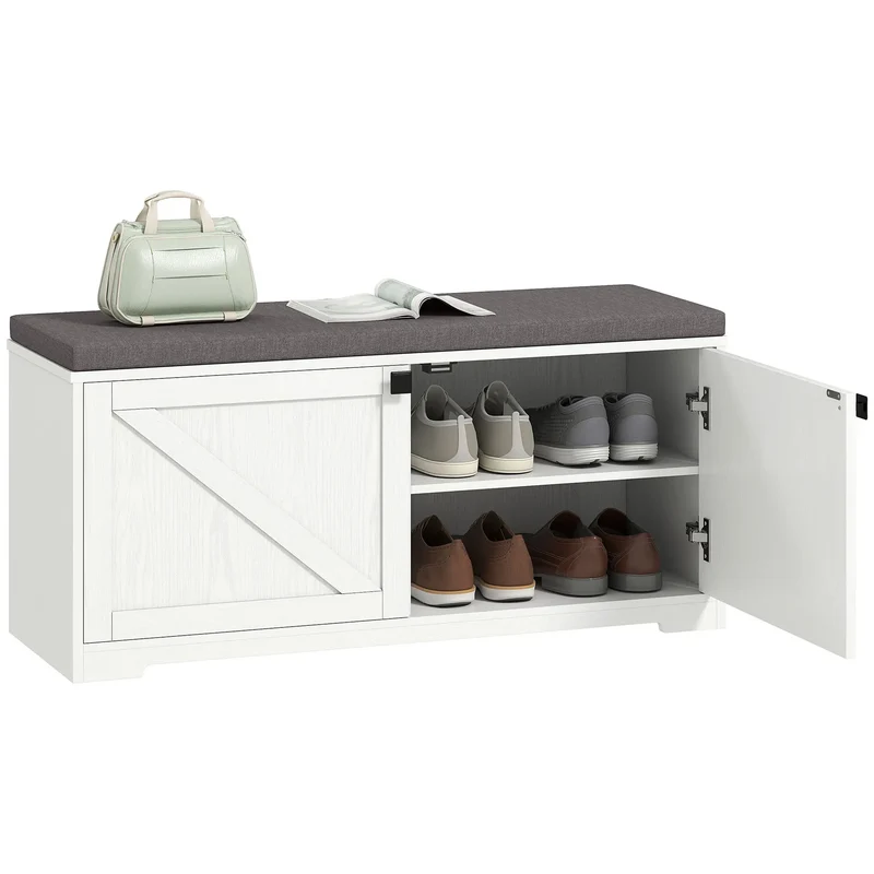Shoe Storage Bench with Padded Seat, 8 Pairs, White Wood Grain, White