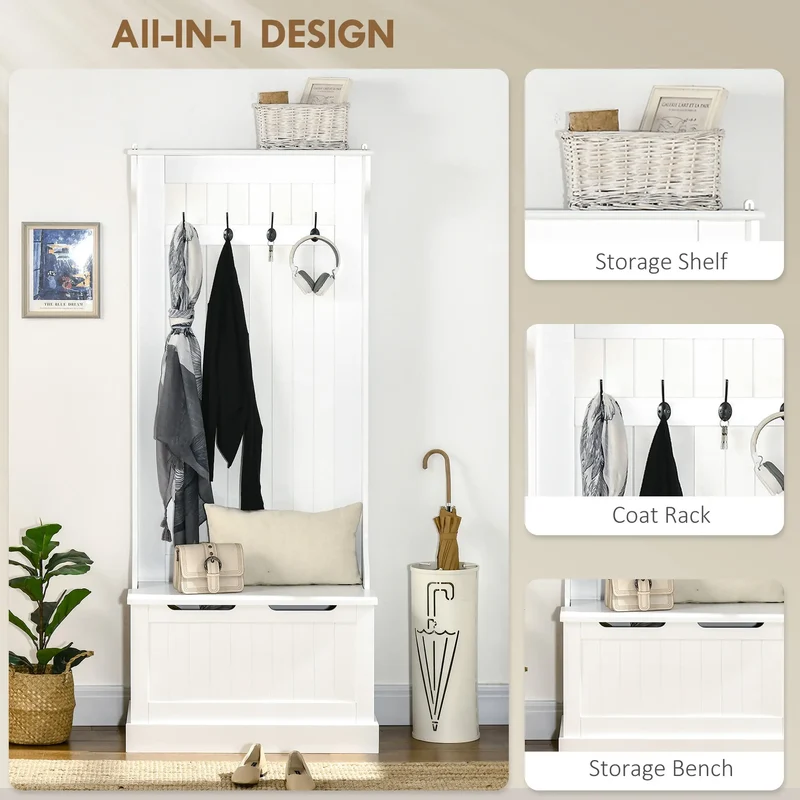 3-In-1 Hall Tree, Coat Rack, Shoe Storage, Bench Seat, Entryway Bench, 4 Hooks