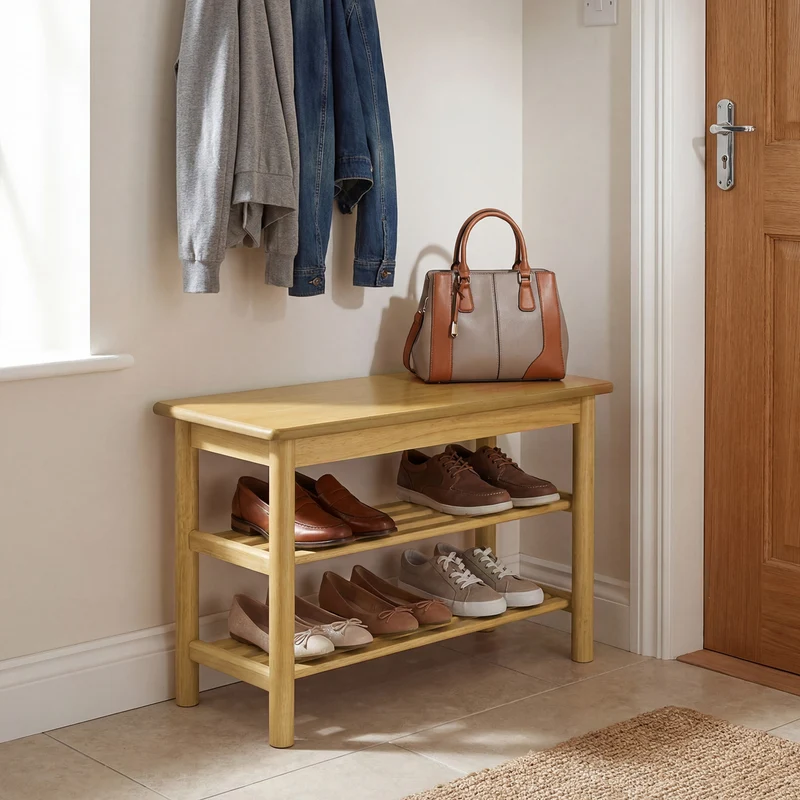 Shoe Rack Bench, 3-Tier Rubberwood, Natural