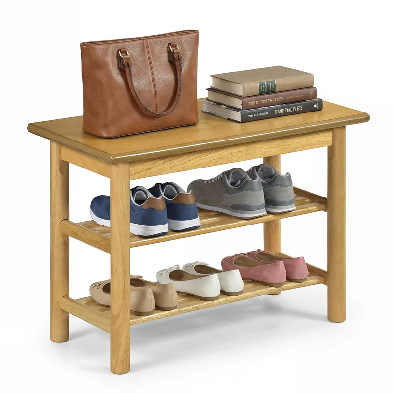 Shoe Rack Bench, 3-Tier Rubberwood, Natural