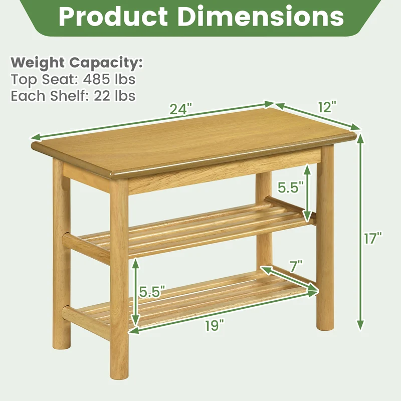 Shoe Rack Bench, 3-Tier Rubberwood, Natural