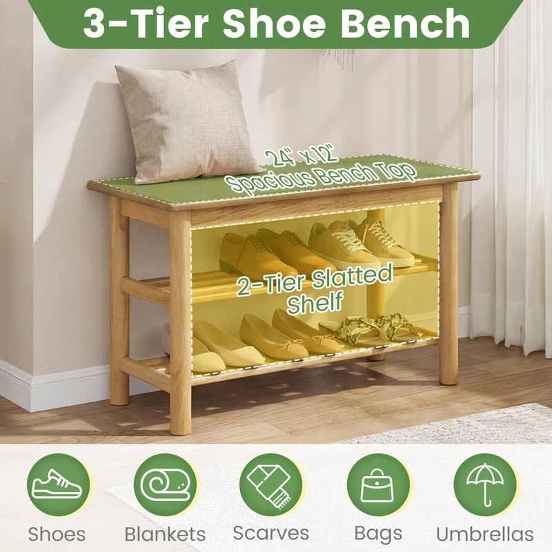 Shoe Rack Bench, 3-Tier Rubberwood, Natural