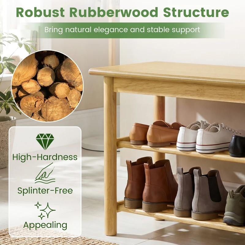 Shoe Rack Bench, 3-Tier Rubberwood, Natural