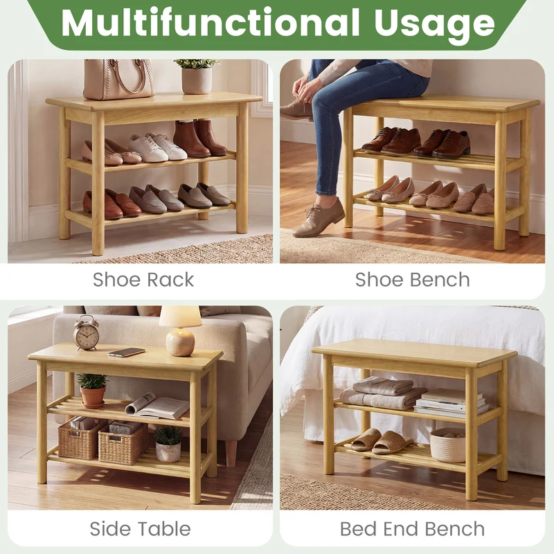 Shoe Rack Bench, 3-Tier Rubberwood, Natural