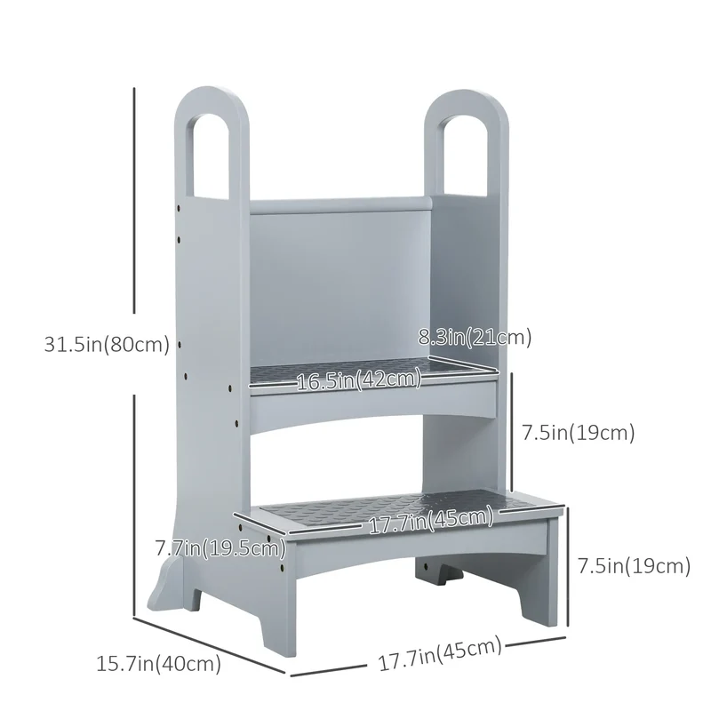 2 Step Stool with Support Handles, Non-Slip Pad, Grey