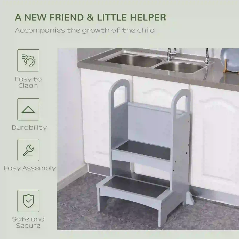 2 Step Stool with Support Handles, Non-Slip Pad, Grey