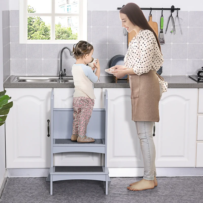 2 Step Stool with Support Handles, Non-Slip Pad, Grey