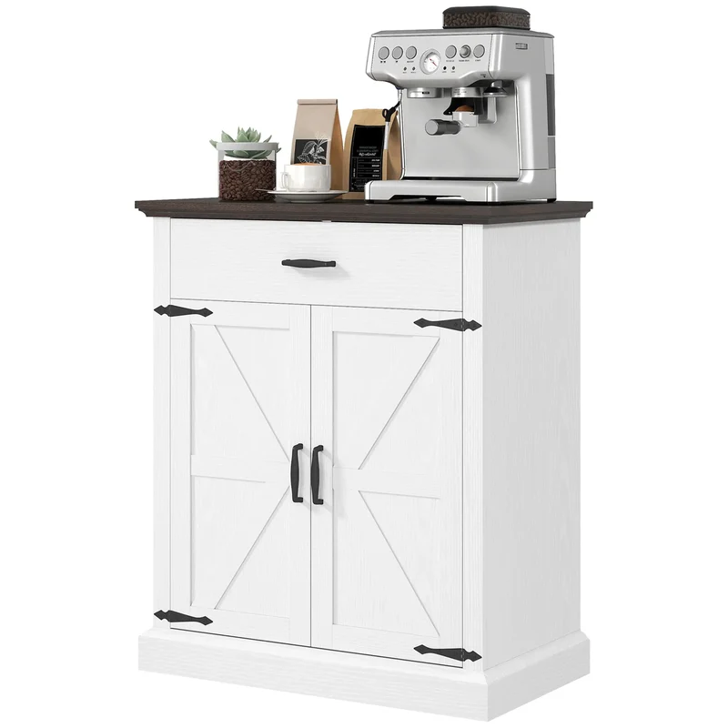 30" Buffet Cabinet, Farmhouse Sideboard, 1.2" Thick Top, White