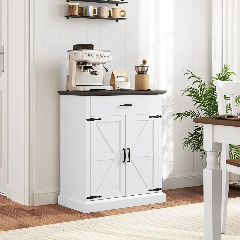 30" Buffet Cabinet, Farmhouse Sideboard, 1.2" Thick Top, White