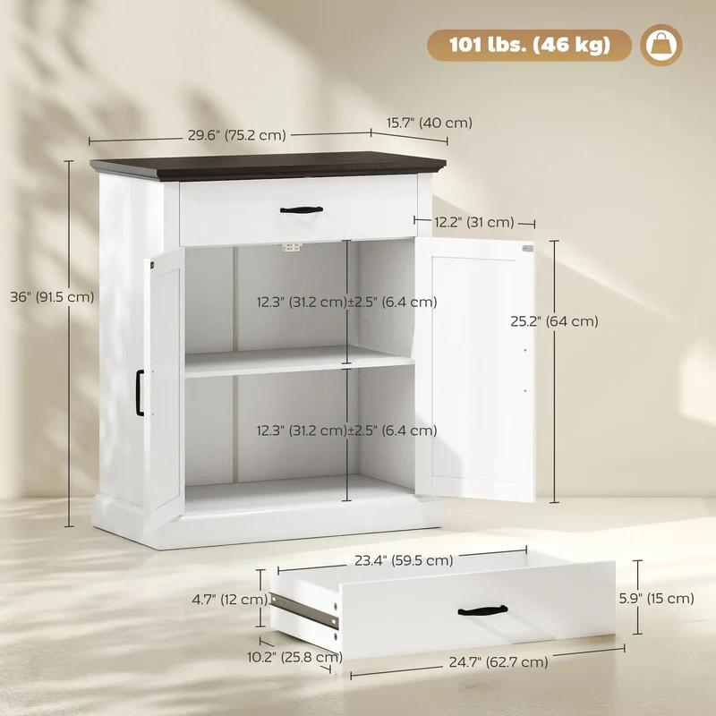 30" Buffet Cabinet, Farmhouse Sideboard, 1.2" Thick Top, White