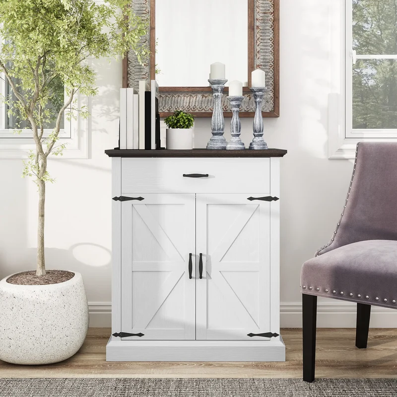 30" Buffet Cabinet, Farmhouse Sideboard, 1.2" Thick Top, White
