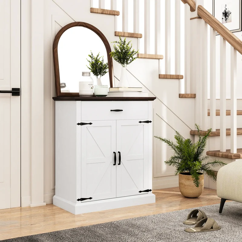 30" Buffet Cabinet, Farmhouse Sideboard, 1.2" Thick Top, White