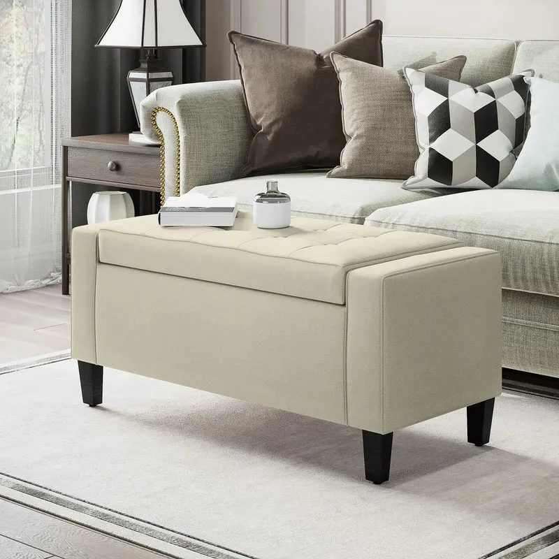 36In Storage Ottoman Bench, Wood Frame, Beige